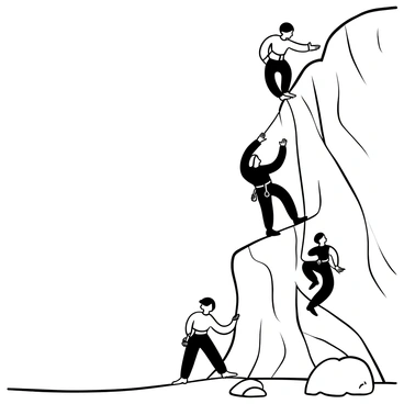 A group of rock climbers ascending a steep, exposed fault face characterized by a distinct reverse dip-slip structure. The climbers are equipped with climbing gear, including harnesses and ropes, as they navigate the rugged rock surface. One climber is positioned near the top, reaching for a handhold, while two others are further down, carefully placing their feet on the rocky ledges. The fault face displays clear geological features, including striations and fissures, emphasizing the challenging nature of the climb. A few scattered boulders lie at the base of the rock face.