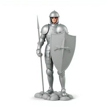 An armored knight action figure stands in a dynamic pose, holding a large shield in one hand and a lance in the other. The knight is dressed in shining silver armor, detailed with intricate engravings and embellishments. The shield features a bold crest in the center, while the lance is long and pointed, showcasing a sharp tip. The figure is positioned on a small rocky base, with one foot slightly forward, giving the impression of readiness for battle. The knight's face is visible, showcasing a determined expression behind the helmet's visor.