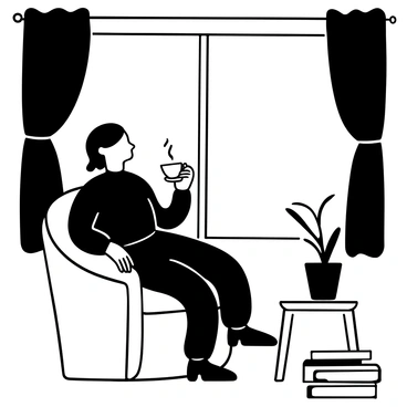 An emo person with dark hair dressed in black clothing is sitting on a plush chair by a large window. The window is framed with thick curtains, filtering soft light into the room. The person is looking out thoughtfully, holding a steaming cup of tea in one hand. There are scattered books and a small potted plant on a nearby table, creating a cozy atmosphere. A gentle breeze is causing a few leaves from the plant to move slightly.