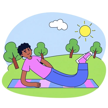 A person performing bicycle crunches on a colorful yoga mat. The individual has a focused expression, with their legs elevated and alternating in a pedaling motion. The background features green grass, trees casting gentle shadows, and a clear blue sky with bright sunlight illuminating the scene.