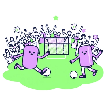 A group of thumbs, each anthropomorphized with small eyes and mouths, are actively playing soccer on a lush green field. One thumb is kicking a soccer ball towards a goal, while another thumb is preparing to defend. In the background, a large crowd is cheering enthusiastically, with hands raised in excitement and waving. The crowd features various expressions of joy, with some holding up signs in support of the thumbs. The scene is filled with energy and activity, capturing the thrill of the match.