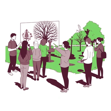 A group of people is gathered at an outdoor exhibition, admiring various iron art pieces displayed on pedestals. The exhibition features intricate sculptures crafted from iron, showcasing diverse designs and shapes. Some visitors are pointing at a large, elegant iron sculpture depicting a tree, while others are taking photos with their cameras. Sunlight casts shadows on the ground, highlighting the textures of the iron art. In the background, green grass and trees create a natural setting for the exhibition.