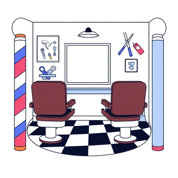 A vintage barbershop featuring a classic red and white striped pole at the entrance. Inside, there are two old leather chairs, each with a rich, dark brown color and slightly worn surfaces, placed in front of a large mirror. The floor is covered with a black and white checkered pattern, providing a striking contrast to the other elements in the shop. The walls are adorned with vintage barber tools and memorabilia, completing the nostalgic atmosphere of the space.