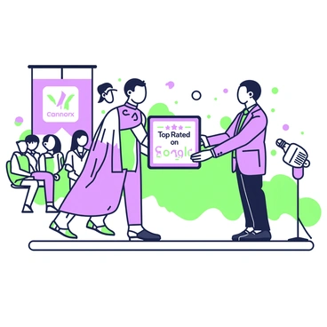 A business owner is standing proudly on a stage during a formal ceremony. They are receiving a plaque that reads "Top Rated on Google" from a presenter. The plaque is rectangular and ornate, reflecting the significance of the award. The audience is seated in rows, watching attentively. In the background, there are banners displaying the company logo, and the lighting is bright, highlighting the moment. The owner is wearing a tailored suit, and there is a microphone on a stand next to them. The atmosphere conveys a sense of achievement and recognition.