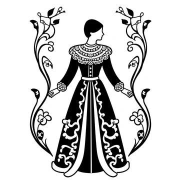 A Victorian-era figure wearing an elaborate lace collar. The figure is adorned in a detailed dress that falls elegantly to the floor. Surrounding the figure are intricate patterns reminiscent of the Victorian design, such as floral decorations and ornamental motifs. The lace collar is accented with delicate frills and embellishments.