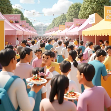 A vibrant food festival scene filled with a diverse crowd of people enjoying delicious ratatouille dishes from various colorful stalls. The stalls are adorned with bright banners, each showcasing different styles of ratatouille, including traditional and modern interpretations. Guests of all ages are gathered around, some holding plates filled with steaming ratatouille, while others are chatting and laughing. The sunlight casts a warm glow over the scene, enhancing the cheerful atmosphere of the festival. In the background, chefs are seen busily preparing food, adding to the lively and energetic environment.