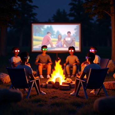 A group of campers sitting on logs and camping chairs around a glowing bonfire. They are wearing colorful 3D glasses that reflect the light from the fire. The campers are diverse in appearance, featuring different skin tones and hairstyles, and are dressed in casual summer clothing. Behind them, there is a large outdoor screen showing a vibrant movie scene. The fire crackles with orange and yellow flames, illuminating their faces and creating a warm atmosphere. The surrounding forest is dark, with silhouettes of trees visible in the background.