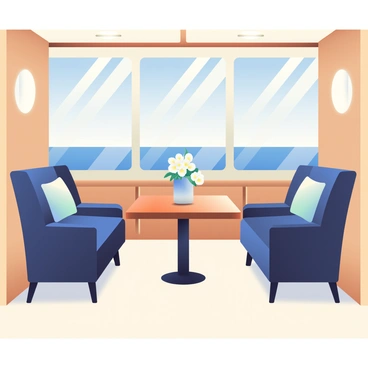 The interior of a yacht's cabin features plush seating arranged around a polished wooden table. The seats are upholstered in a rich navy blue fabric, adorned with accent pillows in a lighter shade of blue. Elegant wall paneling made of light oak surrounds the cabin, and large windows offer a view of the ocean outside, allowing natural light to illuminate the space. A decorative vase with fresh white flowers sits on the table, adding a touch of freshness. Soft, ambient lighting fixtures are mounted on the walls, creating a warm atmosphere. The floor is covered with a cream-colored carpet, adding comfort and luxury to the cabin’s interior.