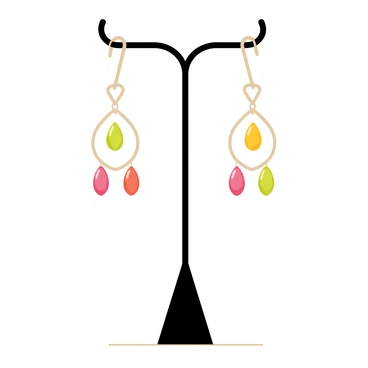 A pair of dangling earrings hanging from a minimalist display stand