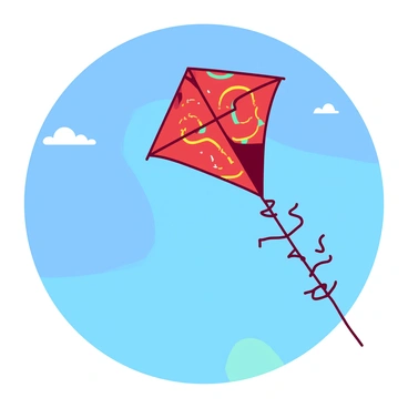 A red kite shaped like a zero is soaring high in a clear blue sky. The kite has a vibrant pattern featuring yellow and teal designs that create a playful visual effect. Below the kite, the sun casts a warm light, enhancing the brightness of the colors. There are a few fluffy white clouds scattered in the sky, adding depth to the scene. The kite string trails behind, gently fluttering in the wind.