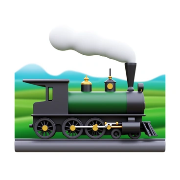 A vintage steam train with a dark green and black exterior chugging down the tracks. Plumes of white steam billowing from its tall chimney, creating a dynamic effect. The train is adorned with brass accents and large, round wheels. The background features a blurred landscape of green fields and distant mountains, evoking a sense of motion and speed.