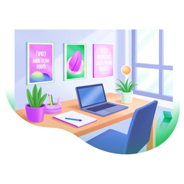 A modern pastel illustration of a neatly arranged workspace featuring a wooden desk with a laptop open, a notebook, and a set of colorful pens. The walls are adorned with framed "inspirational quotes," written in elegant fonts, alongside "vibrant artwork" in various styles, including abstract and nature themes. A potted plant sits on the desk, adding a touch of greenery, while a comfortable chair completes the scene. Natural light streams in from a nearby window, enhancing the lively atmosphere.