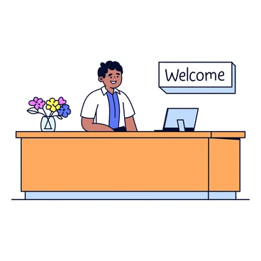 A hospitality reception desk made of polished wood. The desk has a clean surface with a small vase of fresh flowers placed on one side. Behind the desk stands a smiling attendant wearing a neat uniform. The attendant has short dark hair and is making eye contact with a guest. The background features a simple wall with a welcoming sign that reads "Welcome" in friendly lettering.