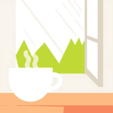 A "steaming cup of coffee" sits on a wooden table. The cup is white with a small handle, and wisps of steam are rising from the surface of the coffee. The table is positioned next to a window, which is slightly open. "Raindrops" are trailing down the glass, creating a pattern as they spread out and merge. Outside the window, the blurred outline of green trees and gray skies can be seen, adding to the cozy atmosphere inside.