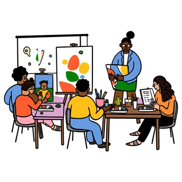 A live illustrator with light skin and short black hair is standing in front of an art class, sketching on a large canvas. Various students are seated at tables, focused on their individual art projects. One student, with dark skin and braided hair, is painting on a canvas with vibrant colors. Another student, with light skin and curly hair, is sculpting with clay. A third student, with medium skin and long straight hair, is drawing in a sketchbook. The room is filled with art supplies, including paintbrushes, palettes, and pencils, creating a lively and creative atmosphere.