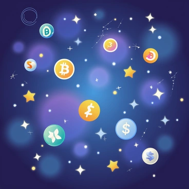 A vibrant galaxy filled with a myriad of celestial bodies. The background showcases deep shades of blue and purple swirling together. In place of traditional stars, there are various cryptocurrency logos glowing brightly against the cosmic backdrop. Each logo, rendered in distinct colors such as gold, silver, and teal, twinkles like stars scattered across the night sky. Some logos are larger and more prominent, while others are smaller, creating a sense of depth and variety. There are clusters of logos grouped together, resembling constellations, while others are spaced farther apart, enhancing the vastness of this unique galaxy.
