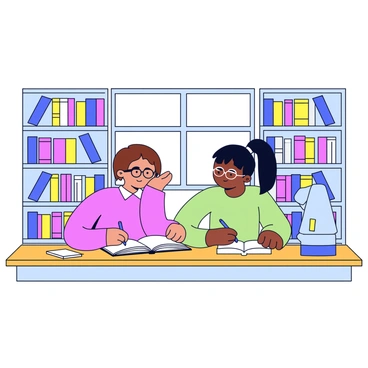 Two best friends are sitting together at a wooden table in a quiet library. One friend has short brown hair and is wearing glasses, while the other has long black hair tied in a ponytail. They are both focused on an open textbook and taking notes. Around them, there are tall shelves filled with colorful books, and a small desk lamp illuminates their workspace. A few scattered notebooks and pens are placed on the table, creating a cozy studying atmosphere.