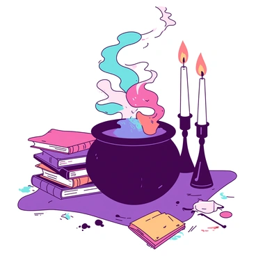 A black cauldron is bubbling actively, with colorful steam rising in vibrant swirls above it. Surrounding the cauldron, there are several old, worn books stacked haphazardly, their spines faded with age. Tall candles with flickering flames stand nearby, casting soft light on the scene, their wax drippings adding texture to the surrounding surface. The atmosphere is filled with a sense of mystery and enchantment.