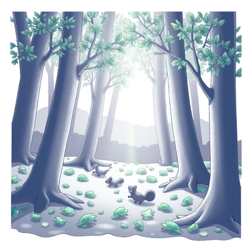 A dense forest filled with towering trees, their branches adorned with leaves shaped like fresh mint candies. The ground is layered with these minty leaves, creating a vibrant texture underfoot. Sunlight filters through the foliage, casting dappled shadows on the ground. Small wildlife, such as birds and squirrels, interact with the candy leaves, creating a whimsical atmosphere. The air is filled with a distinct, refreshing aroma reminiscent of mint, enhancing the serene environment.