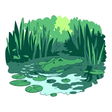 An alligator with dark green scales is partially submerged just below the calm surface of a murky swamp. Only the top of its head, featuring eyes and nostrils, breaks the water, creating small ripples around it. The water is surrounded by lush green reeds and lily pads, which are reflected in the water's surface. The light filtering through the trees overhead casts a soft glow on the scene, highlighting the stillness of the environment.