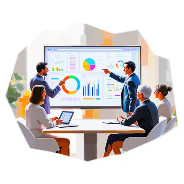 A digital dashboard displaying various data analysis metrics, with colorful graphs, charts, and tables arranged across the screen. Several stakeholders are gathered around the large screen, observing the information closely. One stakeholder, a man with short black hair wearing a blue suit, points at a pie chart, while a woman with medium-length brown hair in a white blouse takes notes on a tablet. Another person, an older woman with gray hair in a blazer, is leaning forward, clearly engaged in the discussion. The setting is a bright, modern conference room with a sleek table and minimalist decor.