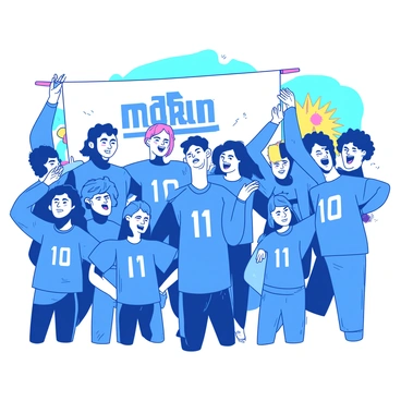 A group of players stands together, all wearing matching blue team jerseys with bold white lettering on the front. Each player has a distinct expression of excitement on their face, showcasing their team spirit. Some players are holding up hands in cheers while others have their arms around each other's shoulders. Behind them, there are colorful decorations, including a large white banner with the team's logo. The sun is shining brightly, casting a warm glow on the scene, enhancing the vibrant atmosphere of camaraderie.