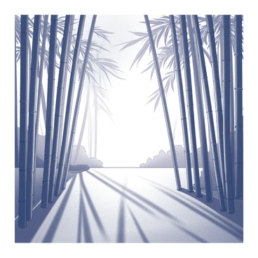 A bamboo forest fills the scene with tall, slender stalks reaching towards the sky. The sun is low on the horizon, casting elongated shadows on the forest floor. The light filters through the leaves, creating a patterned effect on the ground. The atmosphere appears tranquil, with the outlines of the bamboo highlighted in black and white. The scene captures the serene beauty of nature during this time of day.