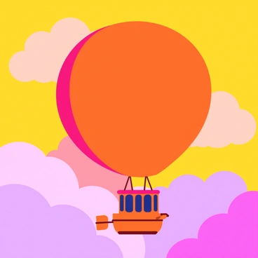 An airship with a large, rounded balloon in shades of deep orange and soft pink is sailing through a sky. The sky is filled with warm colors, including bright yellows and reds, blending seamlessly as the sun sets. Fluffy clouds in various shades of lavender and peach surround the airship, adding depth to the scene. The airship has a detailed gondola with small windows and sails that billow gently in the evening breeze.