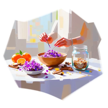 A craft table cluttered with various dried bee balm flowers in vibrant shades of purple and pink, arranged neatly in small bowls. An assortment of other natural materials, such as cinnamon sticks, dried orange slices, and small pinecones, is scattered across the table. A pair of hands, adorned with a simple bracelet, deftly mixes the ingredients together in a wooden bowl, while a glass jar sits nearby, ready to be filled with the fragrant potpourri. Sunlight streams in through a nearby window, casting soft shadows across the scene.
