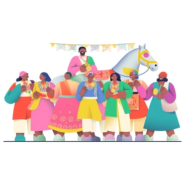 Guests are exchanging fragrant flower garlands during a vibrant baraat procession. The scene features a diverse group of people dressed in colorful traditional attire, including bright lehengas and sherwanis. The flower garlands are made of marigolds, roses, and jasmine, adding to the vividness of the occasion. In the background, a beautifully decorated horse stands, adorned with ornate saddles and shimmering embellishments. Festive banners and lights are strung above, enhancing the celebratory atmosphere. Guests are smiling and interacting, creating a joyful and lively ambiance throughout the procession.