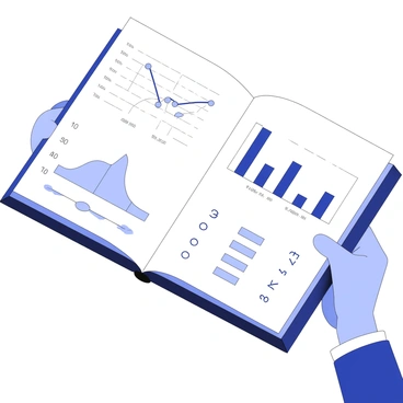 A close-up of a hand gripping an open ledger. The hand is positioned firmly at the edge of the pages, fingers showing slight pressure against the paper. The ledger displays a series of graphs and figures, with various shapes and lines prominently featuring on the page. The graphs include bar charts and line graphs, illustrating data trends. The figures are aligned neatly beside the graphs, presenting numerical information clearly. The background is softly blurred, emphasizing the hand and the detailed contents of the ledger.