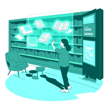 A teal visitor is standing in a spacious high-tech library, surrounded by shelves filled with glowing holographic books that float in mid-air. The visitor is reaching out to touch an interactive display that projects information about the books. Bright screens are mounted on the walls, showcasing various digital content. The library's interior features sleek, modern furniture with a minimalist design, contrasting with the vibrant colors of the holographic elements. Soft lighting enhances the futuristic atmosphere, making the scene feel immersive and engaging.