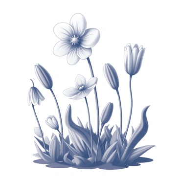 A variety of flowers growing in a garden setting. The flowers have unique shapes, some resembling fantastical creatures, while others appear as whimsical structures. Each flower is detailed, with intricate petals and varying sizes, displaying a range of forms that stretch towards the sky. The scene is filled with lush green foliage surrounding the flowers, enhancing their vibrant appearances. The composition creates a sense of wonder and whimsy through the imaginative arrangements of natural elements.
