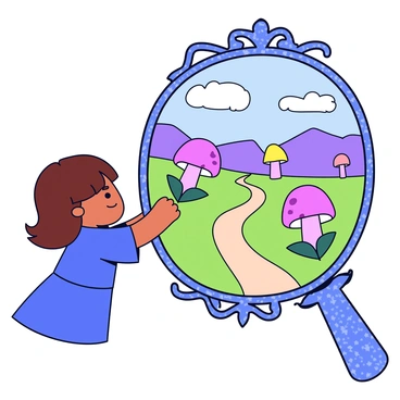 A young girl with brown hair in a blue dress is peering through a large, ornate looking glass. The looking glass has a shiny, intricate frame that sparkles with colors. Through the glass, a whimsical world is visible, featuring oversized flowers with vivid pink petals and brightly colored mushrooms. In the background, a path winds through a fantastical landscape with rolling hills and fluffy clouds. The girl’s expression is one of curiosity and wonder as she gazes at the enchanting scene.