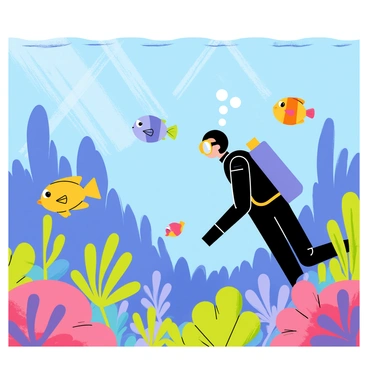 A vibrant underwater scene featuring a variety of colorful fish swimming among coral reefs. The fish include a bright yellow clownfish, a blue tang, and an orange butterfly fish. A scuba diver is seen exploring the rich aquatic environment, wearing a black scuba suit and a transparent mask. Bubbles rise from the diver's tank as they navigate through the lush underwater landscape filled with green and purple corals. Sunlight filters down from the surface of the water, creating shimmering patterns on the seabed.