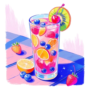 A tall glass filled with a vibrant fruit cocktail featuring a mix of sliced strawberries, oranges, and blueberries. The drink is topped with a perfectly cut slice of "kiwi" resting on the rim of the glass. A bright red "cherry" sits atop the kiwi slice, adding a pop of color. The glass is set on a wooden table, with sunlight reflecting off the liquid, creating a sparkling effect.