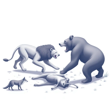 A lion and a bear are engaged in a fierce struggle over a deer carcass lying on the ground. The lion is depicted with a powerful stance, its mane flaring as it lunges toward the bear. The bear, muscular and imposing, stands its ground, teeth bared in a display of strength. Nearby, a fox is observing the scene with keen eyes, crouched low to the ground, its cunning expression revealing its sly intentions. The surrounding environment features scattered grass and remnants of the forest, adding context to this intense confrontation.