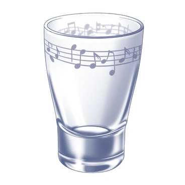 A shot glass is positioned upright on a flat surface. The glass has a smooth, clear surface, allowing light to reflect off it. Around the rim of the glass, there are intricate designs of "music notes" that wrap around, creating a decorative border. Each "music note" is distinctly shaped and evenly spaced, contributing to an artistic feel. The overall composition highlights the elegance and detail of the shot glass, focusing on its unique embellishment.