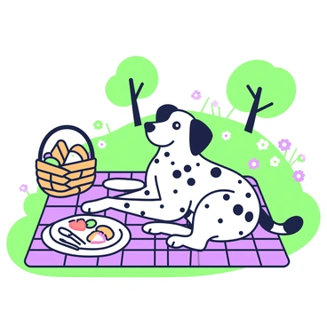 A dalmatian lies on a checkered blanket spread out on the grass. The dog has distinct black spots on its white coat and is looking up expectantly. Next to the dalmatian, there is a woven basket filled with various food items, including a loaf of bread, cheese, and fruit. Several places are arranged on the blanket, featuring plates and utensils. In the background, there are a couple of trees providing shade, and a small picnic area is scattered with colorful flowers.