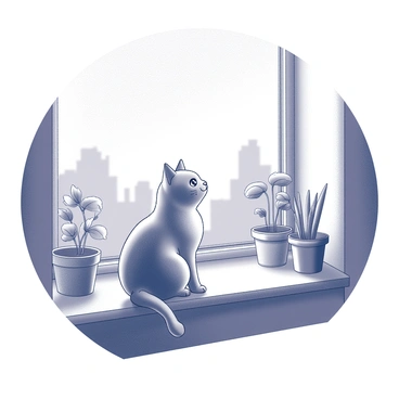 A cat is sitting on a windowsill, gazing outside. Its fur is fluffy, and it has a curious expression on its face. The windowsill has several potted plants, creating a lively atmosphere. The view outside is distorted as if seen through a fish-eye lens, making the surrounding scenery appear whimsical. The edges of the window frame curve inward, and the plants and objects nearby seem to swell towards the center, enhancing the playful perspective.