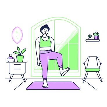 A calm individual is performing flutter kicks on a soft mat in a minimalist room. The person has a focused expression and is wearing comfortable athletic clothing. The room features simple furniture, including a small, unobtrusive shelf with a few potted plants. There are no distractions, allowing the individual to concentrate on their workout. Sunlight filters through a large window, casting soft shadows on the floor.