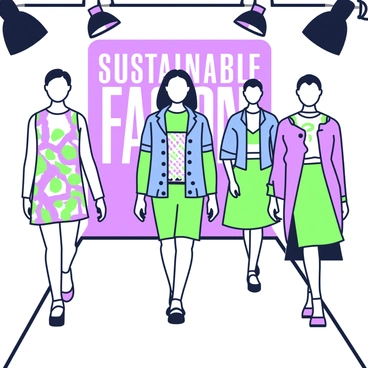 A runway scene features several models walking confidently. Each model is wearing a unique outfit made entirely from recycled fabrics and materials. The first model showcases a dress composed of colorful fabric scraps, adorned with intricate stitching. The second model sports a layered ensemble crafted from denim and repurposed plastic, with a striking jacket that catches the light. The third model walks in a striking outfit made from vintage t-shirts, with a bold skirt and a matching top. Behind the models, the runway is illuminated with bright lights, creating an energetic atmosphere for the fashion show. A backdrop displaying the words "Sustainable Fashion" in large letters completes the scene.