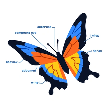 A colorful butterfly with intricate patterns on its wings, displayed with its wings open wide. The wings feature vibrant shades of blue, orange, and black, with delicate veins visible throughout. Various parts of the butterfly are labeled, including "antennae," "compound eye," "thorax," "abdomen," and "wings." The butterfly is shown from a side view to clearly showcase its anatomy. Each label is in a bold, clear font, placed strategically near the respective parts for easy identification.