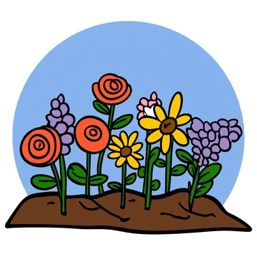 A flower garden filled with various types of flowers, all wilted and drooping. The garden showcases a mix of colors, including red roses, yellow daisies, and purple lilacs, all appearing dried and lifeless. The leaves are also wilted and brown, and the soil looks cracked. The scene is set under a clear blue sky, providing a stark contrast to the sad appearance of the flowers.