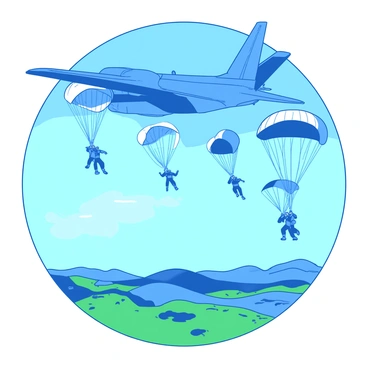 A blue military aircraft is flying in the sky, with multiple paratroopers descending from it. Each paratrooper is wearing a helmet and combat gear, and their parachutes are fully opened, displaying a white canopy. The paratroopers are spread out in formation as they descend, with some at a higher altitude while others are closer to the ground. Below them, the landscape shows a mix of green fields and patches of brown earth, creating a vivid contrast with the blue sky above.