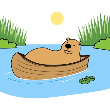 A capybara with light brown fur is comfortably lounging in a small wooden boat. The boat is slightly weathered, with visible grains of wood and a rounded bow. The capybara has a content expression, with its eyes half-closed and a gentle smile. The river water is calm, with a subtle ripple effect around the boat. On either side of the river, lush green vegetation and tall reeds are visible, creating a peaceful natural setting. A few small lily pads float near the boat, and the sun is shining brightly overhead, adding warmth to the scene.