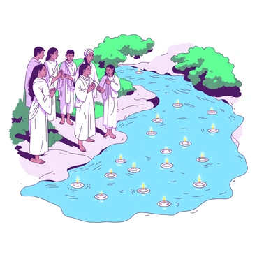 A group of devotees dressed in white garments is gathered by a sacred river, engaged in performing rituals. They are standing by the water's edge, holding hands and chanting, with their eyes closed in reverence. Surrounding them are numerous floating candles, each emitting a warm glow, reflecting softly on the water's surface. The riverbank is adorned with lush greenery, and the peaceful ripples of the water enhance the tranquil atmosphere of the scene.