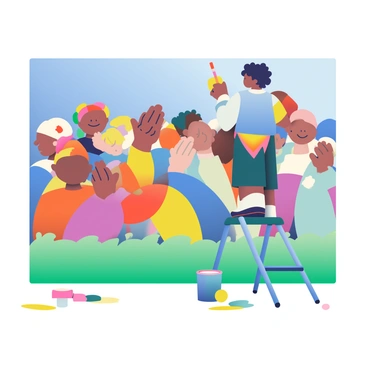 An artist with medium skin and curly black hair is standing on a ladder, painting a large mural on a wall. The mural depicts a diverse group of people from various nations holding hands. Each figure represents different ethnicities, wearing traditional clothing that reflects their culture. The background features a bright blue sky and green grass, creating a vibrant setting. The artist is using a wide brush with colorful paint splatters on the ground, and there are paint cans in various shades positioned nearby. The scene captures a sense of unity and collaboration.