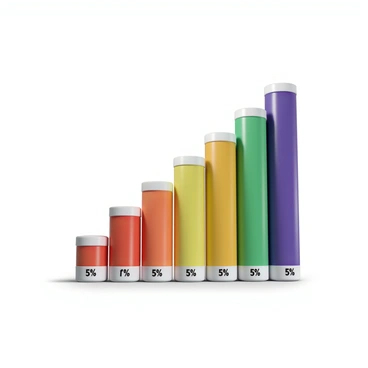 A 3D graph displaying a series of paint tubes in various colors stacked vertically. The tubes represent rising and falling costs, with the tallest tubes illustrating significant increases and shorter tubes indicating declines. Each tube features a label with a percentage symbol, showing the cost variations. The background is minimal to emphasize the colorful paint tubes. The paint tubes are arranged in a way that creates a visually appealing and dynamic representation of fluctuations in pricing.