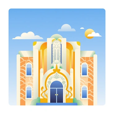 An iconic Art Deco building with intricate geometric patterns and decorative motifs is prominently displayed in the foreground. The building features a façade with a rich combination of gold and cream colors, showcasing elaborate stone carvings and stylized architectural elements. Above, a bright blue sky stretches endlessly, dotted with a few fluffy white clouds. The sun casts a warm light, highlighting the ornate details of the building and creating a vibrant contrast with the sky.